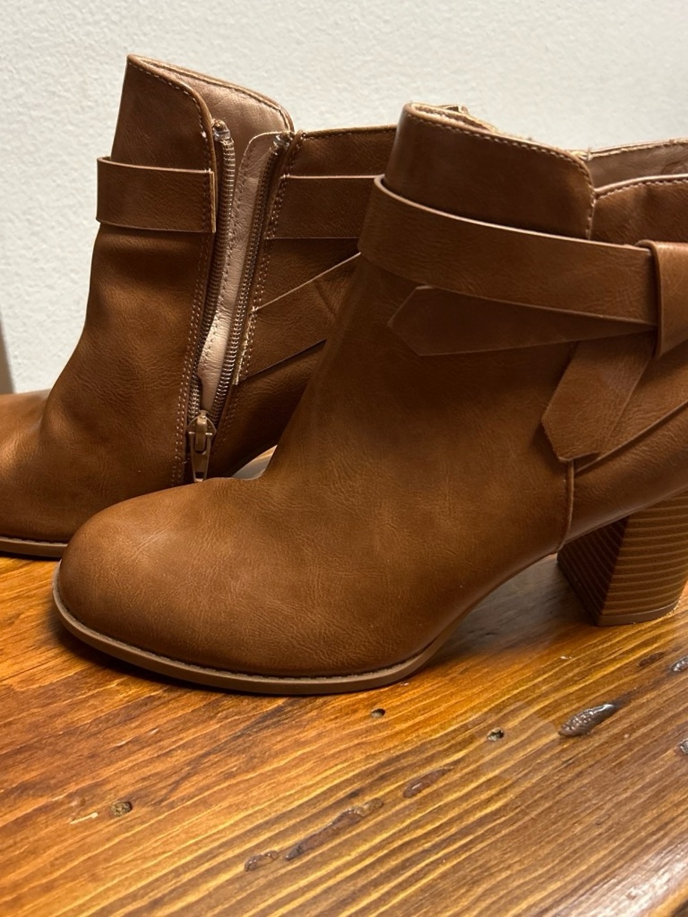 Women's Tan Block Heel Ankle Boots with Wrap Detail